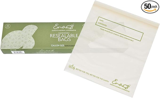 100% Compostable Food Storage Bags [Gallon 50 Pack] Eco-Friendly Freezer Bags, Resealable Bags, Heavy-Duty, Reusable, Off-White by Earth's Natural Alternative