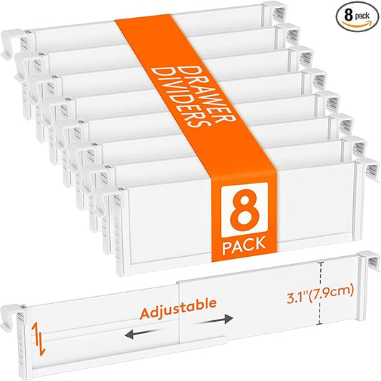 Lifewit Hanging Kitchen Drawer Dividers 3.1" High, 10-17" Adjustable Drawer Organizers for Utensils, Expandable Dresser Separators in Kitchen/Bedroom/Bathroom/Vanity/Office, White(8 Pack)