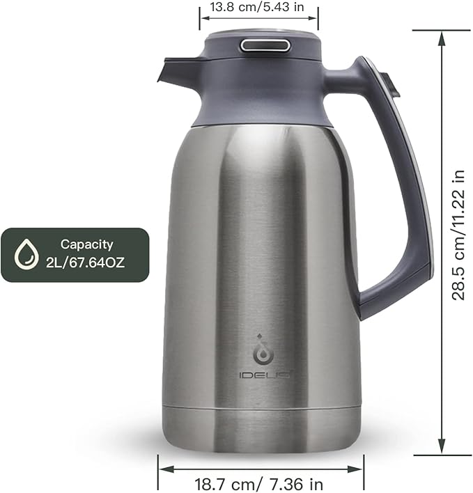 IDEUS Thermal Coffee Carafe 68oz (2,000ml), Stainless Steel Double Wall Insulated Vacuum Flask, Water Jug Coffee Server and Beverage Dispenser, Heat and Cold Retention (Metallic, 68oz (2,000ml))