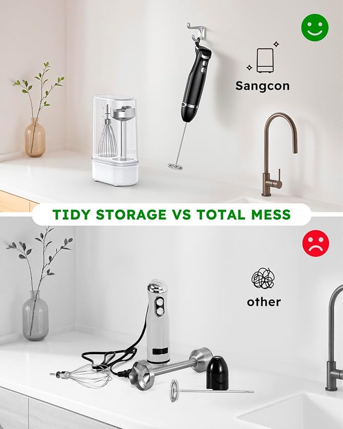 Sangcon 5-in-1 Immersion Blender Handheld, Hand Blender with 1000ml Blending Cup Storage Base, 2-Speed Adjustable Stick Blender, 304 Stainless Steel Blades, Detachable Blender, Whisk, Milk Frother