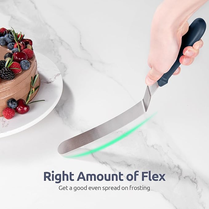 U-Taste Offset Spatula for Cake: Angled Icing Spatula Set with Wide 6", 8", 10" Blade, Flexible Stainless Steel Pastry Decorating Frosting Metal Baking Spreader for Cupcake (Set of 3, Midnight Blue)