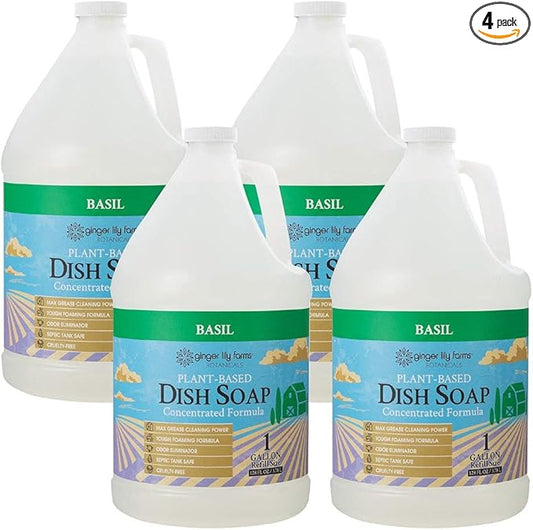 Ginger Lily Farms Botanicals Plant-Based Liquid Dish Soap, Concentrated Formula with Max Grease Cleaning Power, Cruelty-Free, Basil Scent, 1 Gallon Refill (128 Fl. Oz.) (Pack of 4)