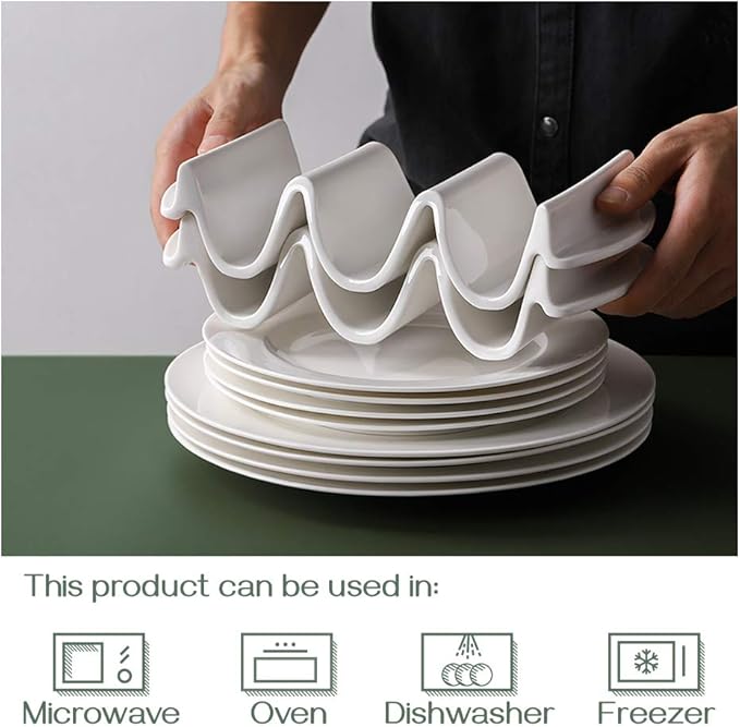 DOWAN Porcelain Taco Holder, 9.75" Large Taco Stand with Handle, Sturdy and Stable, Oven & Microwave & Dishwasher Safe, Safe without Sharp Edge, Taco Trays Holds 3 Taco Shell, Easy to Clean, Set of 2