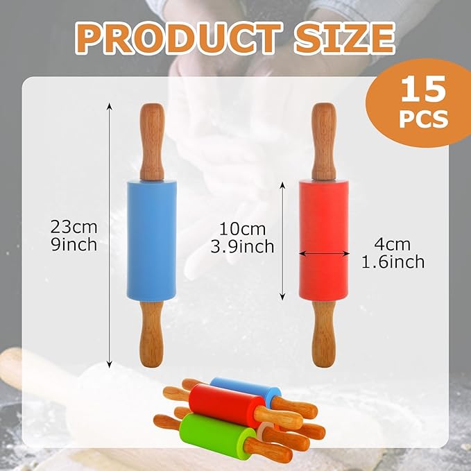 15 Pcs Small Rolling Pin, 9 Inch Wooden Rolling Pin, Small Dough Roller, Dough Rolling Pins for Home Kitchen Fondant Pastry Pizza Baking and Crafting
