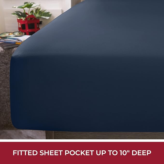 Mellanni RV Short Queen Sheets - 4 PC Iconic Collection Bedding - Hotel Luxury, Extra Soft, Cooling Bed Sheets - Deep Pocket up to 10 inch (RV/Short Queen, Navy Blue)
