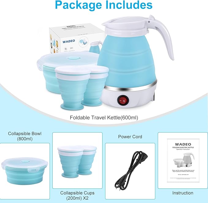 Portable Electric Kettle Travel Size, 600ML Small Foldable Tea Coffee Kettle with Collapsible Bowl and Cups, 5 Min Fast Water Boiling, BPA Free Food Grade Silicone, 110V 400W