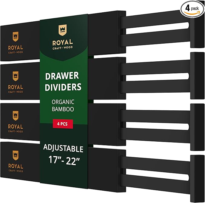 ROYAL CRAFT WOOD Adjustable Bamboo Drawer Dividers – Expandable Organizer for Kitchen, Bedroom, Bathroom, Dresser & Office – 4-Pack 17-22", Black