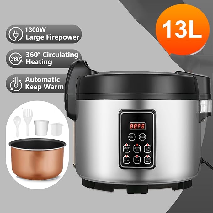 Commercial Rice Cooker 60 CUPS (Cooked Rice)& Food Warmer | 13L/13.8Qt Extra Large Multifunctional Rice Cooker | 1350W Fast Cooking with Time Display & Preset|Restaurant Company Canteen Use