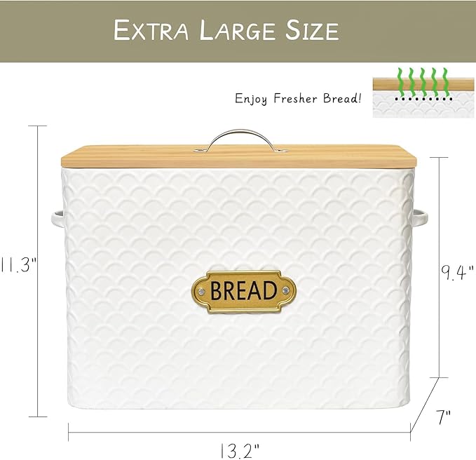 Extra Large Space Saving Farmhouse Bread Box With Wood Lid - Holds 2 Loaves - Vertical Breadbox Bread Storage Bin Holder for Kitchen Countertop, White