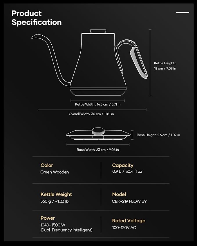 Cocinare FLOW B9 Gooseneck Electric Kettle, Precise Temperature Control for Pour-Over Coffee & Tea Brewing, Stainless Steel Interior, Rapid Heating for Boiling Water 1500W/0.9L (Green Wooden)