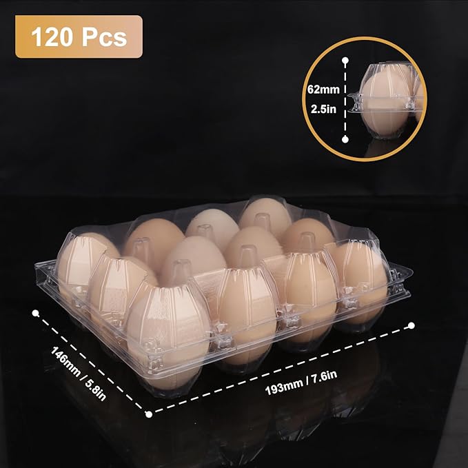 120 Pack Bulk Egg Cartons, Clear Plastic Chicken Egg Holders, Egg Tray Carton Holder for Home & Kitchen, Farm & Market Use, An Eco-Friendly Egg Storage Solution, 12 Grids
