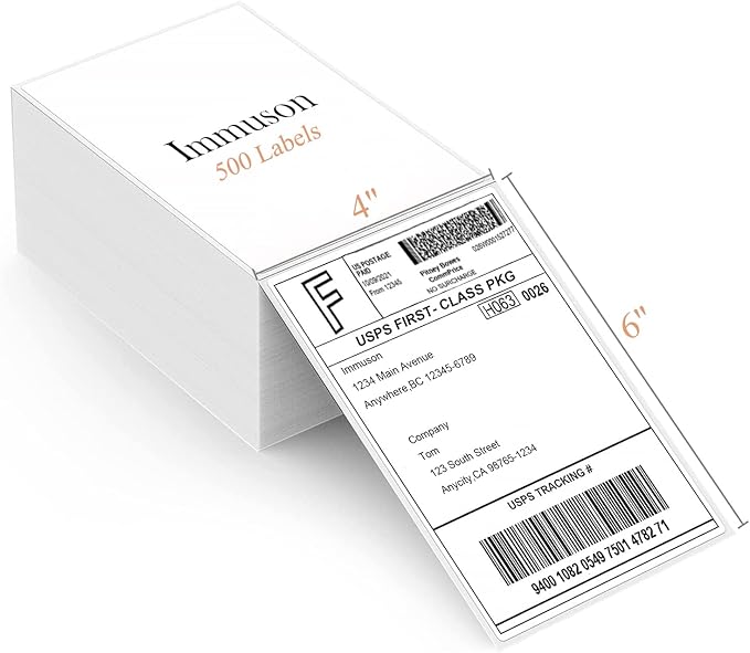 Immuson Fanfold 4 x 6 Direct Thermal Labels White Perforated Shipping Labels 500 Labels/Stack, Permanent Adhesive, White Mailing Labels for Zebra Thermal Printer 1 Stack.