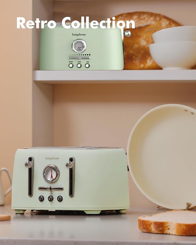 Retro 4-Slice Toaster 1.6" Wide Slots - 6 Toast Settings with Bagel Function, Stainless Steel Body, Defrost/Cancel Button & Crumb Tray, Vintage Green