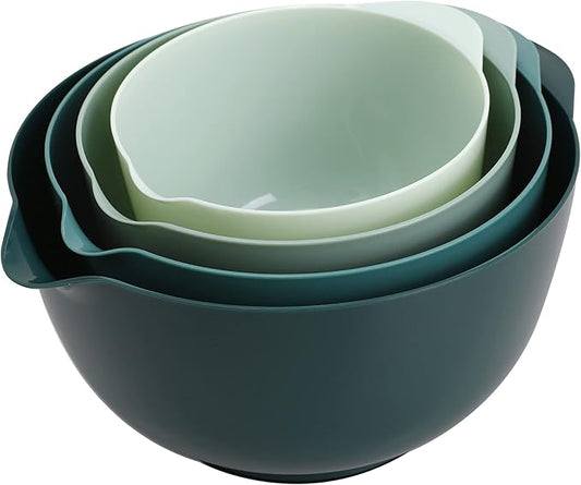 BoxedHome Green Ombre Nesting Plastic Mixing Bowl Set With Pour Spout, Microwave and Dishwasher Safe, BPA free Non-Slip Base, Set of 4 Size 1.7, 2.5, 3.5 and 4.5qt, Great for Prepping, Baking, Cooking