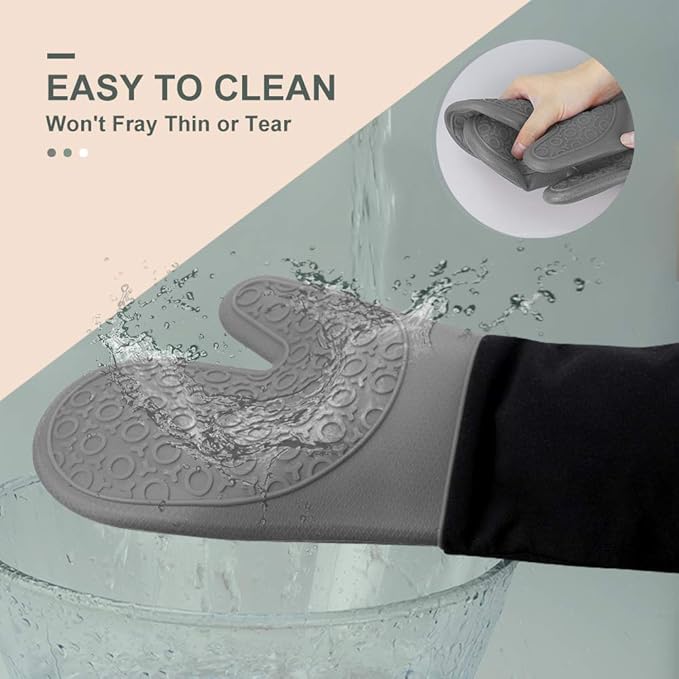 sungwoo Extra Long Silicone Oven Mitts, Heat Resistant Oven Gloves with Quilted Liner Non-Slip Textured Grip Perfect for BBQ, Baking, Cooking and Grilling - 1 Pair 14.6 Inch Grey & Black
