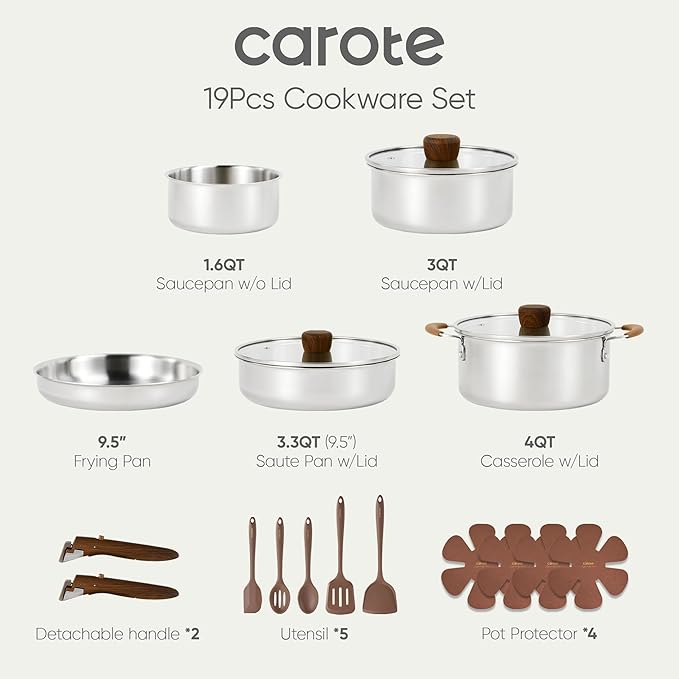 CAROTE 19pcs Stainless Steel Cookware Set with Detachable Handle, Pots and Pans Set, Induction Kitchen Cooking Sets, RV/Camping Cookware, Removable Handle, Oven Safe, Woodgrain