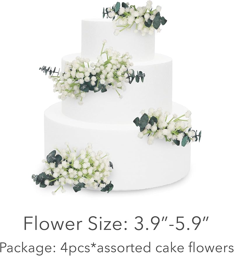 Rinlong Pre-made Cake Toppers Flowers Cake Decorations Baby's Breath Eucalyptus Wedding Cake Decorating Flowers Decor Christening Birthday Baptism Baby Shower Party Cake Topper Flower