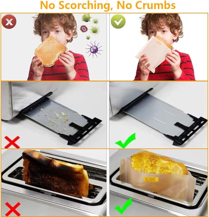 Toaster Bags Reusable for Grilled Cheese Sandwiches | Safest On The Market - 100% BPA & Gluten Free | Non Stick Toast Bag (10PCS)