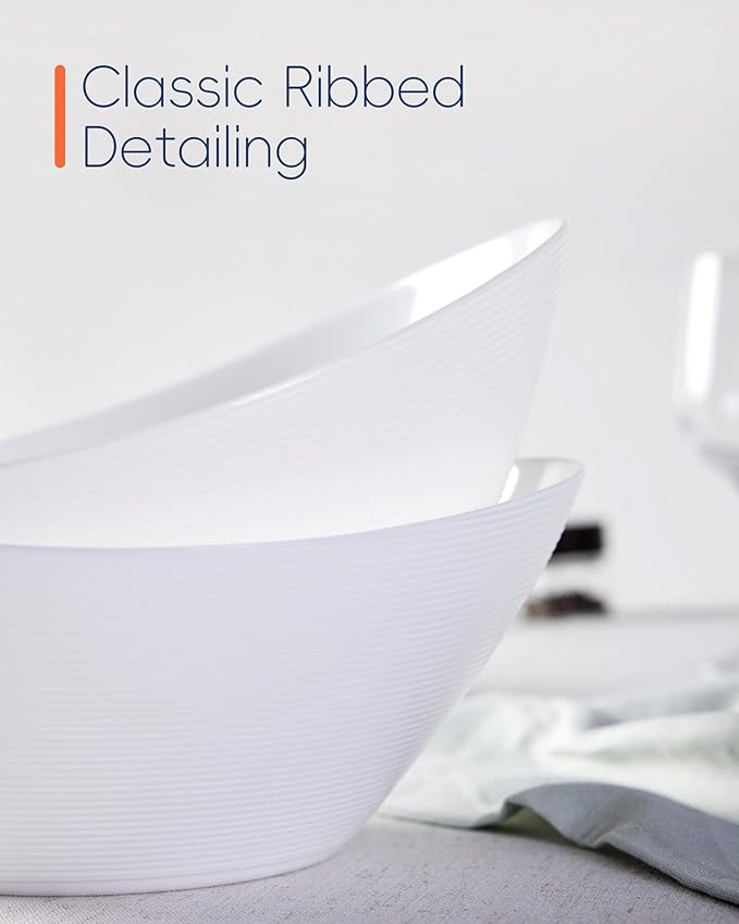 66 OZ Salad Bowl Set of 2, Opal Glass 10 inch Lightweight Serving Dishes for Salad, Fruit, Kitchen Microwave & Dishwasher Safe, Oval Shape White