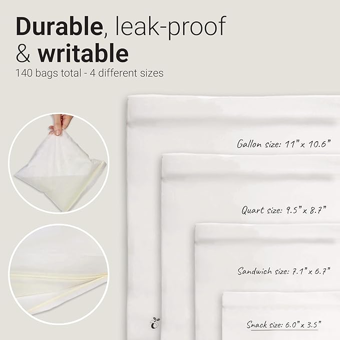 Vove Compostable Zip Bags 140-Pack | Multi-Size Biodegradable Food Storage Bags | PLA PBAT Eco-Friendly | Certified Sustainable Kitchen Storage | Zero Waste