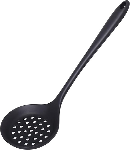 77L Slotted Spoon, Heatproof Skimmer Strainer Slotted Spoon, Seamless One-Piece Non-Stick Cooking Silicone Scoop Ladle with Ergonomic Handle for Filter Vegetable, Pasta and More (Black)