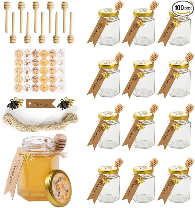 12 Pack 4oz Glass Hexagon Honey Jars Golden Lids - Extra Wooden Honey Dipper Sticks, Bee Charms, Tag String, Thank You Gift Tags, Stickers (Golden 12 Stickers)