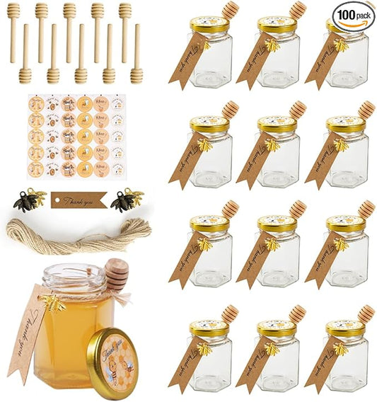 12 Pack 4oz Glass Hexagon Honey Jars Golden Lids - Extra Wooden Honey Dipper Sticks, Bee Charms, Tag String, Thank You Gift Tags, Stickers (Golden 12 Stickers)
