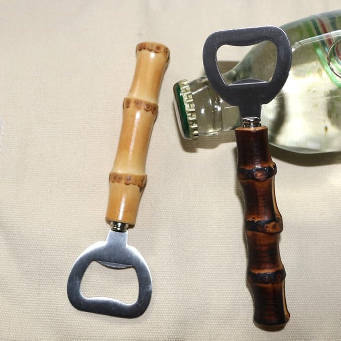 2PCS Stainless Steeel Beer Bottle Openers,Bamboo Handle Cap Bottle Openers（yellow and black）