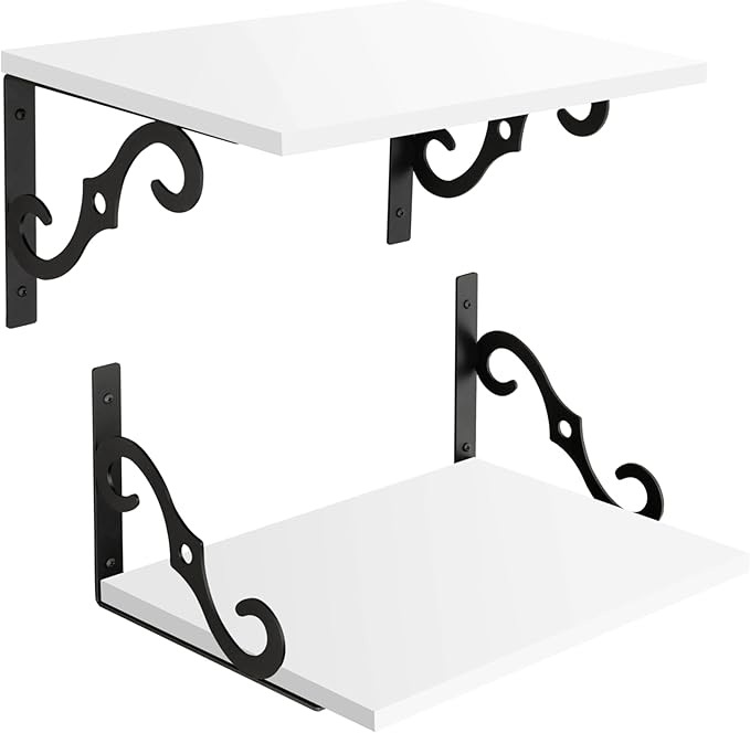 DINZI LVJ Deep Floating Shelves, 16" W x 12" D Wall Shelves Set of 2, Wide Display Shelf Wall Mounted with Brackets, Easy-to-Install Wall Bookshelf for Living Room, Bathroom, Bedroom, White