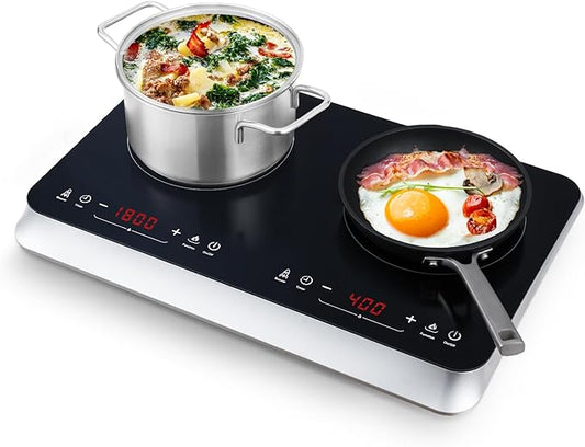 Double Induction Cooktop Burner with Fast Warm-Up Mode, 1800w 2 Burner with 10 Temperature 9 Power Settings, Portable Dual Induction Cooker Cooktop with Child Safety Lock & Time