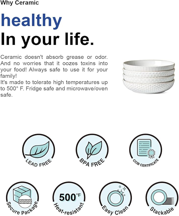 LE TAUCI Pasta Bowls 42oz, Large Salad Bowl, Ceramic Embossment Stoneware Serving Plate for Fruits, Noodle, Dinner, House-warming Wedding Present - 9 Inch, Set of 4, Arctic White