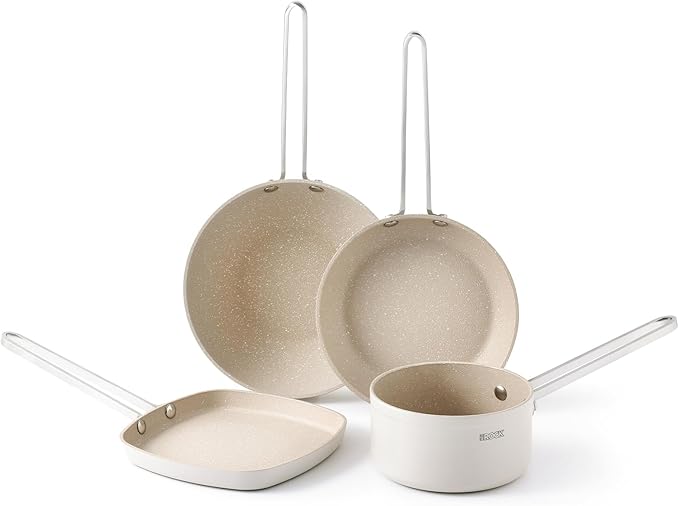 THE ROCK Single Serve Nonstick Pots and Pans Set, 4pc Portion Control Cookware Set with Rock.Tec, Scratch/Stain/Crack Proof, Oven & Dishwasher Safe, Perfect for Dorm, Camping & Small Kitchens, White
