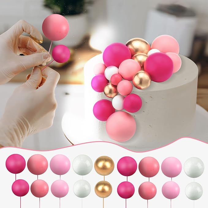 108 Pcs Balls Cake Topper DIY Cupcake Insert Foam Balloons for Cake Baking Wedding Anniversary Birthday Decoration(Pink Series, White, Gold,Multi Sizes)