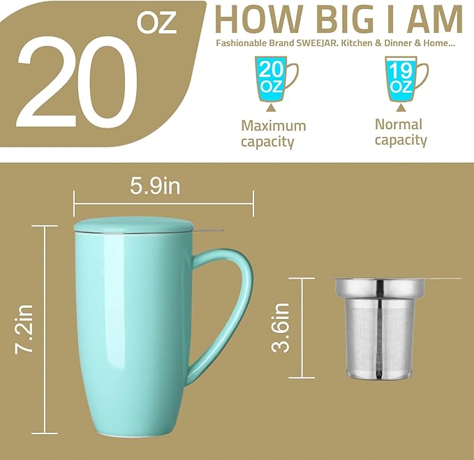 Sweejar Porcelain Tea Infuser Mug with Lid, 20 oz Teacup with Strainers for Loose Leaf Tea, Microwave and Dishwasher Safe Coffee Mug(Turquoise)