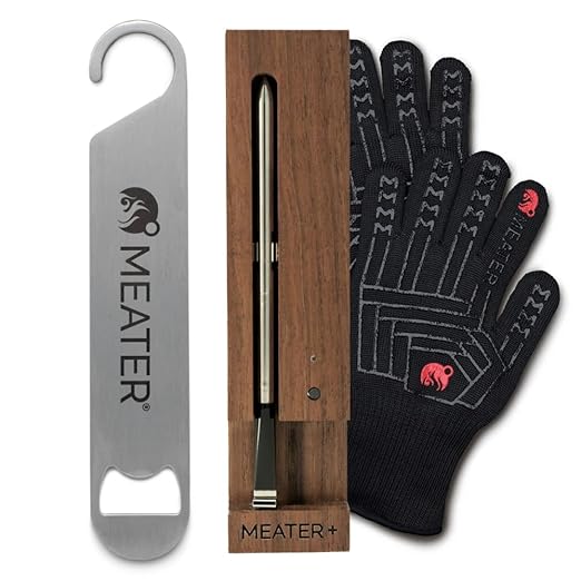 MEATER Plus Bundle: Smart Digital Wireless Meat Thermometer with Heat-Resistant BBQ Mitts & Bar Blade Opener | Grilling, Smoking, Roasting, Baking, & BBQ | Limited Edition Brown Sugar Color