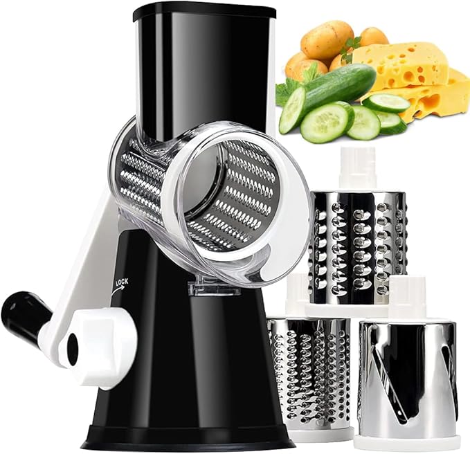 KEOUKE Rotary Cheese Grater with Handle - 3 Changeable Blades for Cheese, Vegetables, Nuts - Black