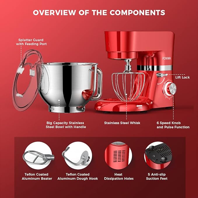 Stand Mixer, POWWA 7.5 QT Electric Mixer, 6+P Speed 660W Household Tilt-Head Kitchen Food Mixers with Whisk, Dough Hook, Mixing Beater & Splash Guard for Baking, Cake, Cookie, Kneading (Red)