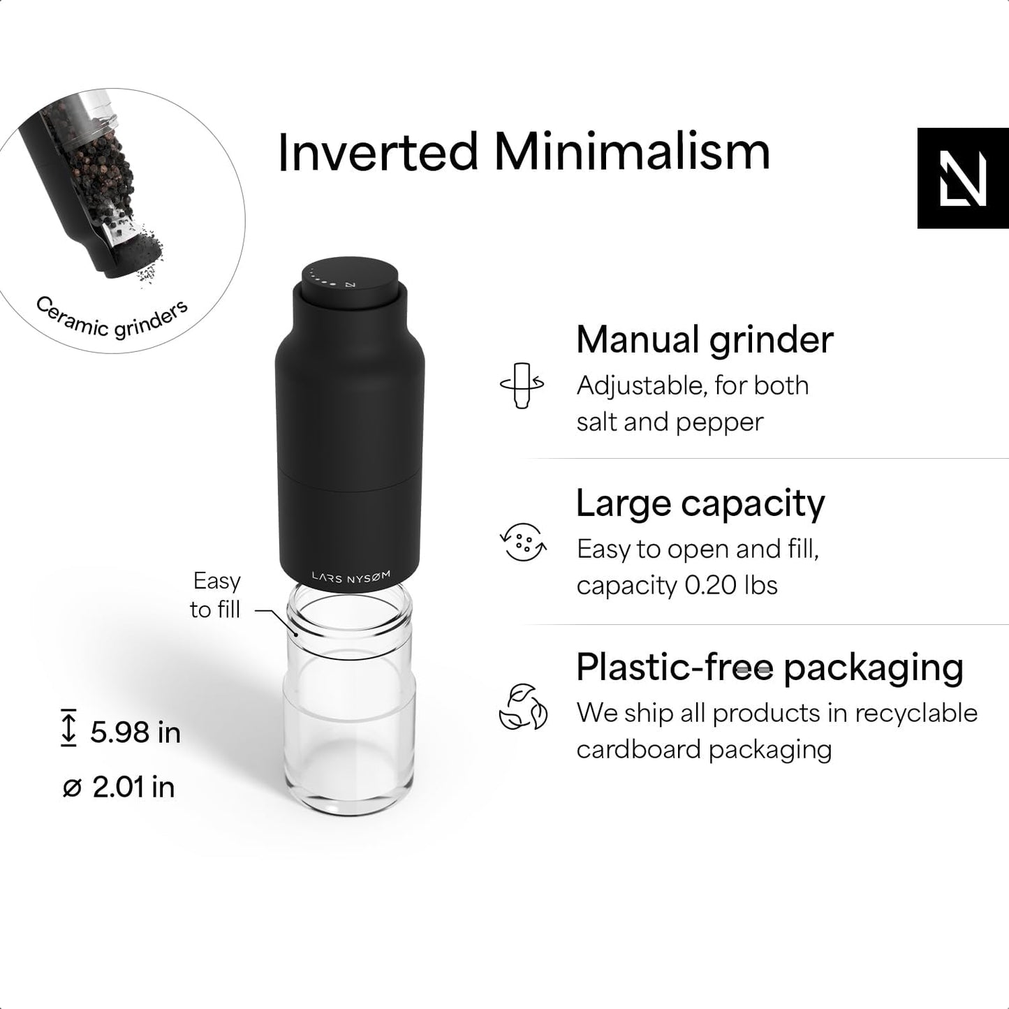 LARS NYSØM Salt and Pepper Grinder Set, Stainless Steel Manual Salt and Pepper Mills, Adjustable Ceramic Grinder, Design Spice Shakers (Carbon Black)