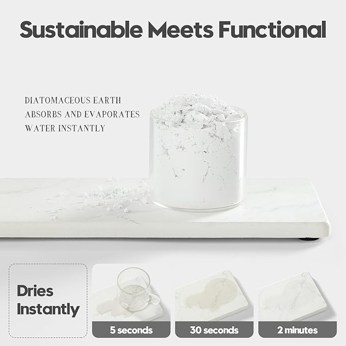 2PCS Diatomite Marble Tray Quick Drying Mat for Kitchen Counter, Water Absorbing Stone Vanity Caddy for Bathroom Sink,Faucet Splash Guard,Soap Dispenser Rack Sponge Holder Organizer, White, 9"x3.5"