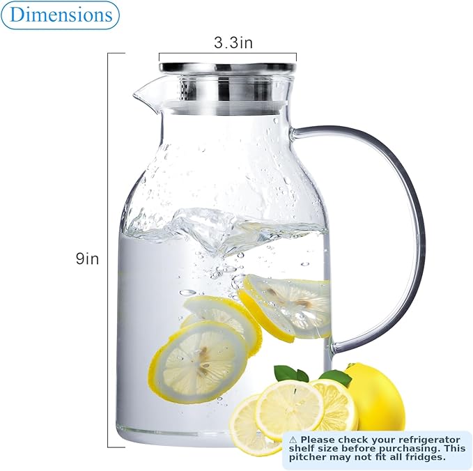 Glass Water Pitcher with Lid and Spout, 68 Ounces Heat Resistant Borosilicate Glass Carafe with Brush and Mixing Spoon, Temperature Safe
