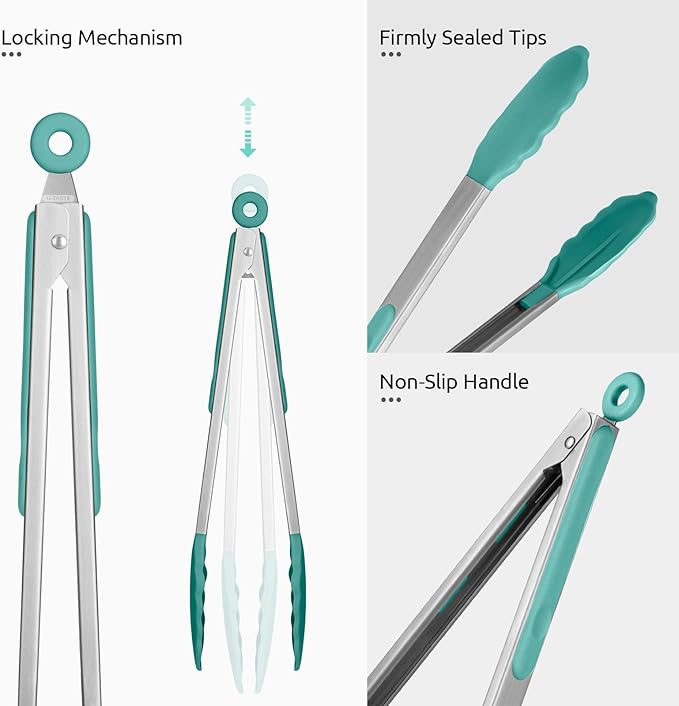 600ºF Heat Resistant Kitchen Tongs: U-Taste 9+12 inch Silicone Cooking Tong Set with Firm Sealed Non Stick Rubber Tips and Silicon Coated 18/8 Stainless Steel Handle for Serving Grilling (Aqua Sky)