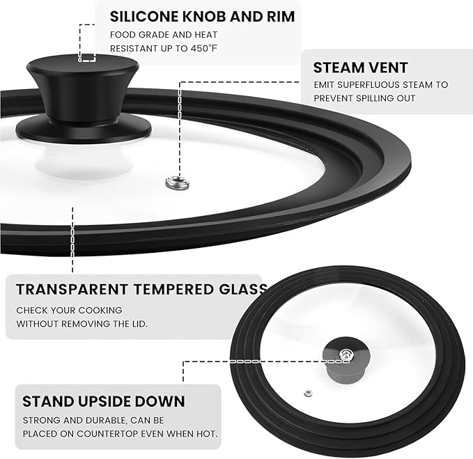 Universal Lid for Pots, Pans and Skillets, Tempered Glass Lid fit 11", 12", 12.5" Skillets, Pots, Frying Pans, Cast Iron, Crock Pot and Other Glass Covers Replacement
