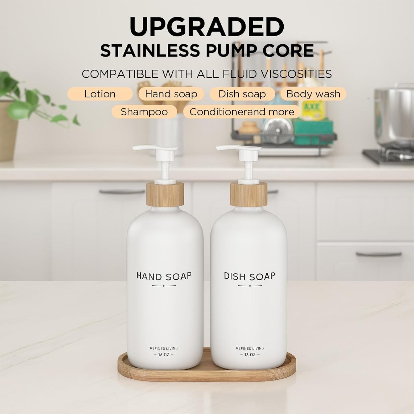 Hand and Dish Soap Dispenser Set,16oz Glass Bottles with Printed Labels, Bamboo Tray & Pump,Countertop Soap Dispensers for Kitchen,Luxury, Minimalist & Farmhouse Decor (Hand Dish (White))