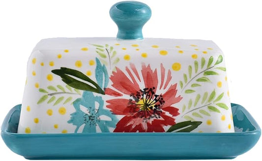 Wisenvoy Butter Dish Ceramic Butter Dish with Lid Butter Keeper Butter Dish with Lid for Countertop Flower Butter Crock