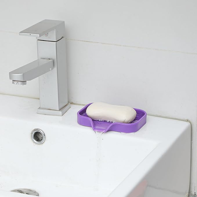 Silicone Bathroom Soap Dishes with Drain Spout-Bathroom and Kitchen Sink Organizer,Sponge Holder,Dish Soap Tray,Perfect for Dispenser,Scrubber,Bottle,Cup on Sink or Counter-Purple 4.9"×3.2"