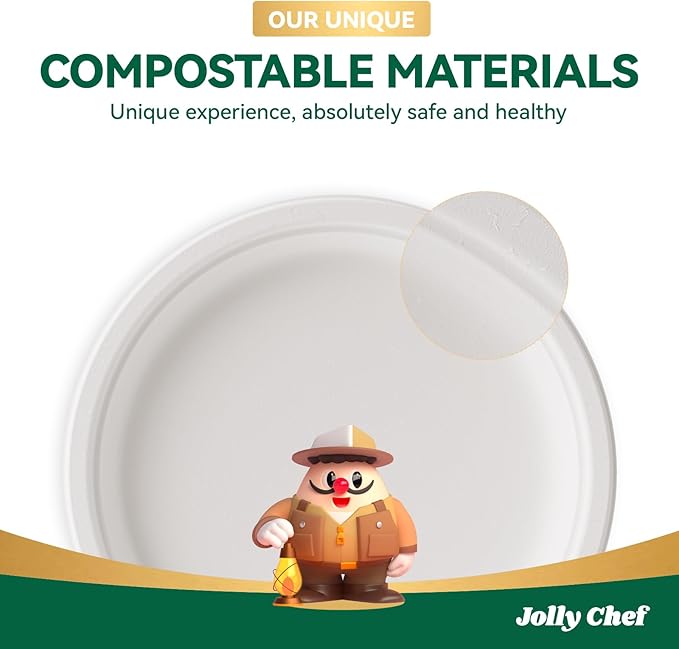 JOLLY CHEF Compostable Heavy Duty Plates 9 Inch [125 Pack] Eco-Friendly Disposable Natural Paper Plates Bagasse Biodegradable Bulk for Party Dinner Sugarcane Fibers Round 125 Count(White)