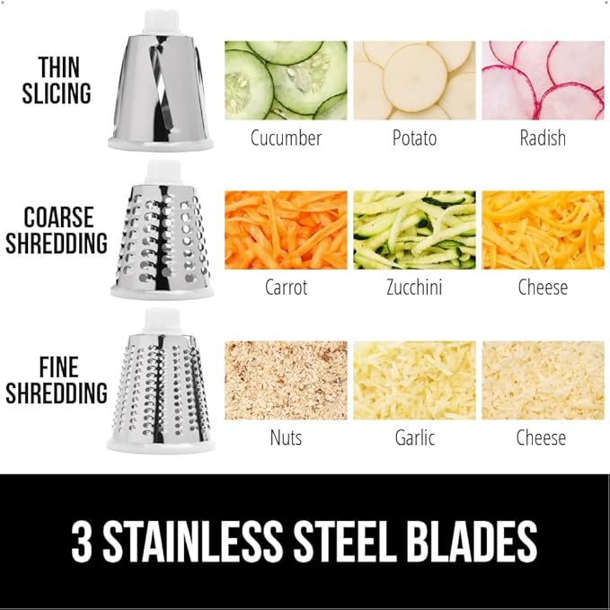 GORILLA GRIP BPA-Free Rotary Cheese Grater Hand Crank, Easy to Set Up, Strong Suction Base for Kitchen Countertop, Shred Potato, Vegetable, Nuts in Seconds, Round Mandoline Slicer, 3 Blades, Mint