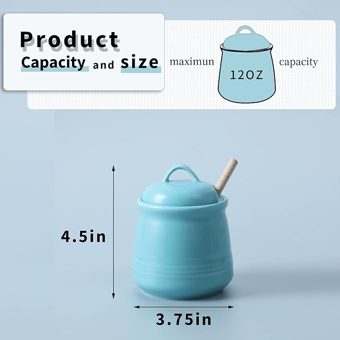HAOTOP Ceramic Honey pot with Lid and Honey Dipper,Porcelain Honey Jar Easy to Clean and Dishwasher Safe,12oz (Blue)