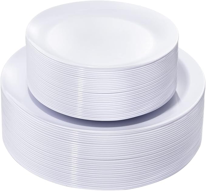 KIRE 60PCS White Disposable Plates - Heavy Duty White Plastic Plates for Party/Wedding - Include 30Pieces 10.25inch Dinner Plates and 30Pieces 7.5inch Dessert/Salad Plates