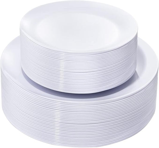 KIRE 60PCS White Disposable Plates - Heavy Duty White Plastic Plates for Party/Wedding - Include 30Pieces 10.25inch Dinner Plates and 30Pieces 7.5inch Dessert/Salad Plates